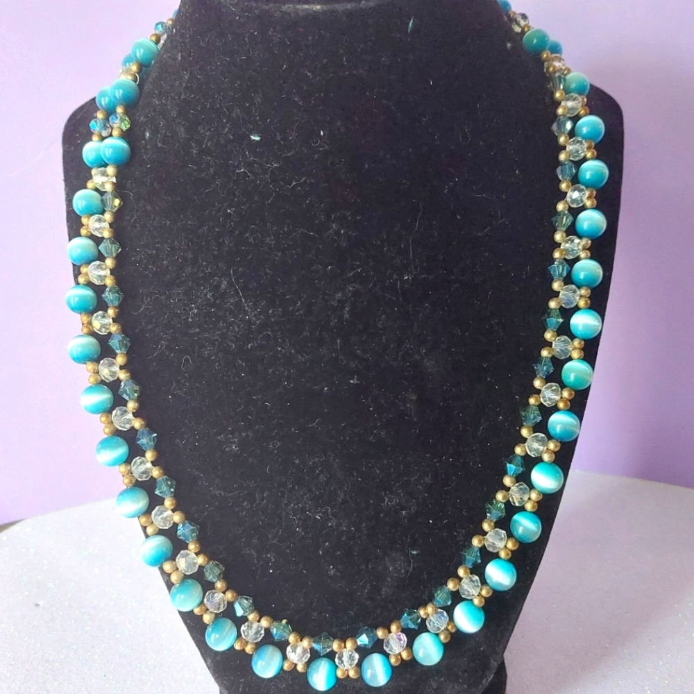 Vintage Blue Cat’s Eye & Crystal Double Strand Necklace 20" | Magnetic Clasp